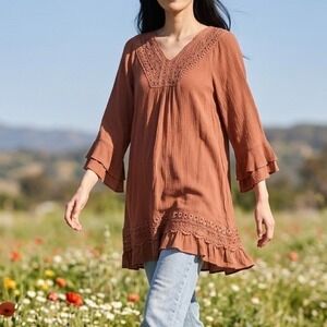Azucar Tunic 2 PC Dress Slip Women Medium Rust Boho Lace Trim Bell Sleeve Rayon